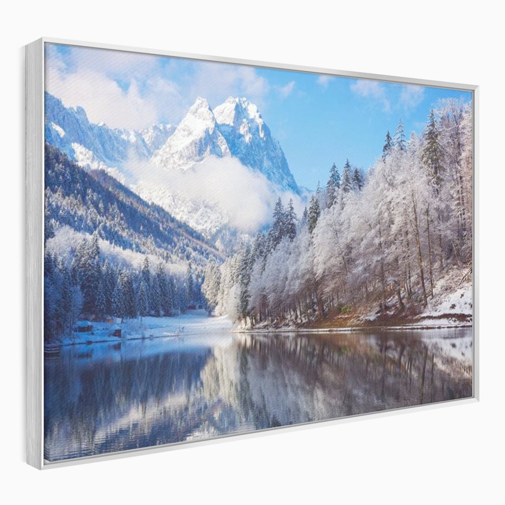 Tablou canvas cu tablou canvas cu peisaj montan iarna, in rama de aluminiu argintiu